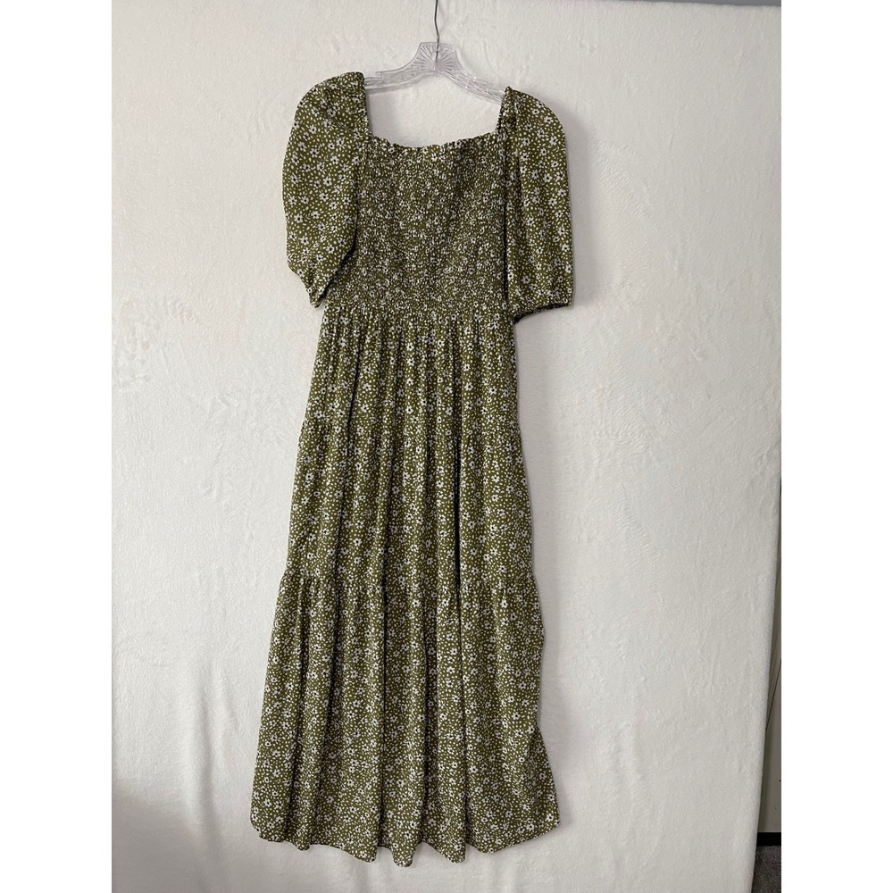 Ann Taylor Petite Olive Green Floral Smocked Tiered Midi Dress 0P Boho Prairie - Picture 5 of 6